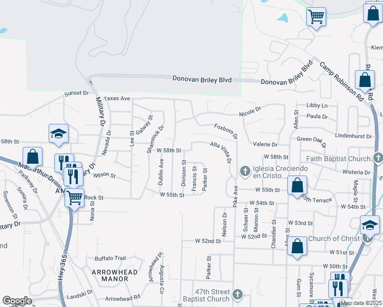 map of restaurants, bars, coffee shops, grocery stores, and more near 5840 Alta Vista Drive in North Little Rock