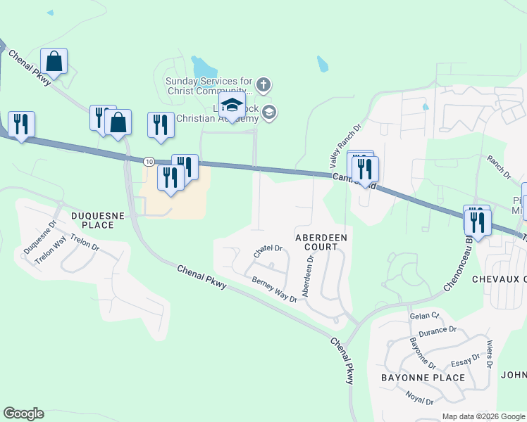 map of restaurants, bars, coffee shops, grocery stores, and more near 21 Bishop Place in Little Rock