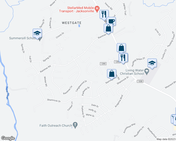map of restaurants, bars, coffee shops, grocery stores, and more near 402 Cedar Creek Drive in Jacksonville