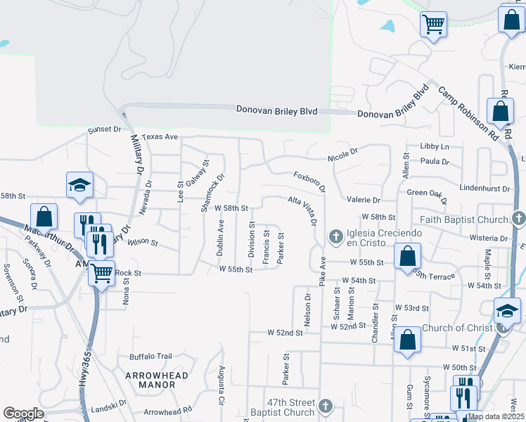 map of restaurants, bars, coffee shops, grocery stores, and more near 5840 Alta Vista Drive in North Little Rock