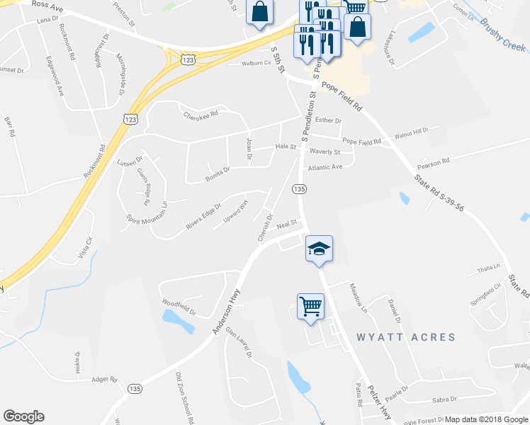 map of restaurants, bars, coffee shops, grocery stores, and more near 201 High Ridge Court in Easley