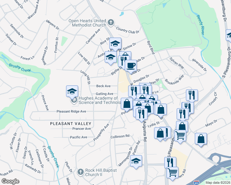 map of restaurants, bars, coffee shops, grocery stores, and more near 105 Old Augusta Road in Greenville