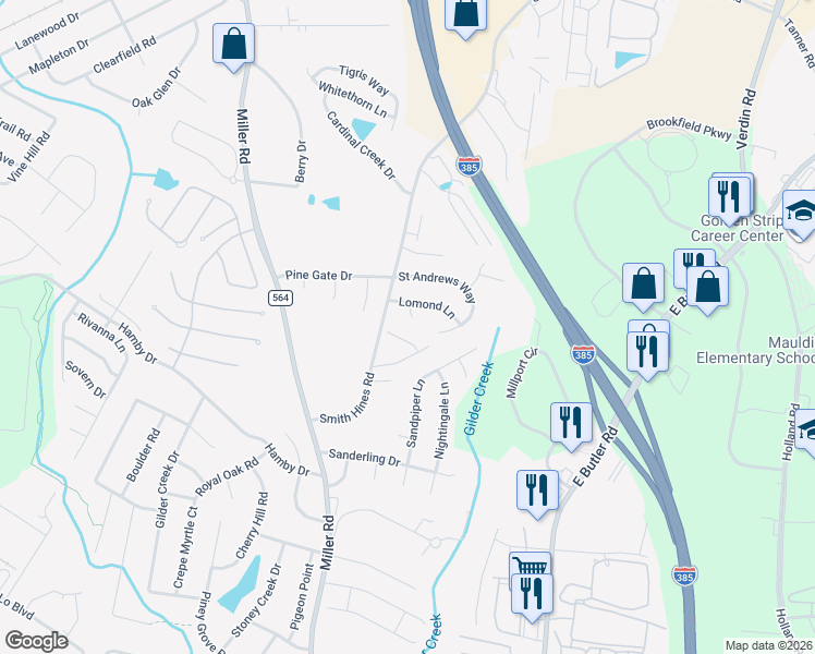 map of restaurants, bars, coffee shops, grocery stores, and more near 102 Glasgow Court in Greenville