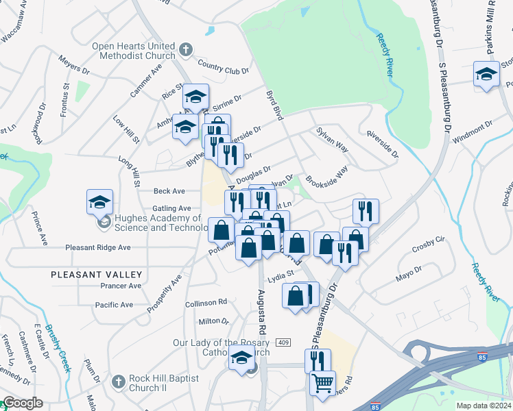 map of restaurants, bars, coffee shops, grocery stores, and more near 14 Granada Drive in Greenville