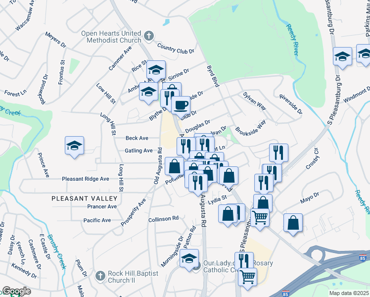 map of restaurants, bars, coffee shops, grocery stores, and more near 3110 Augusta Street in Greenville