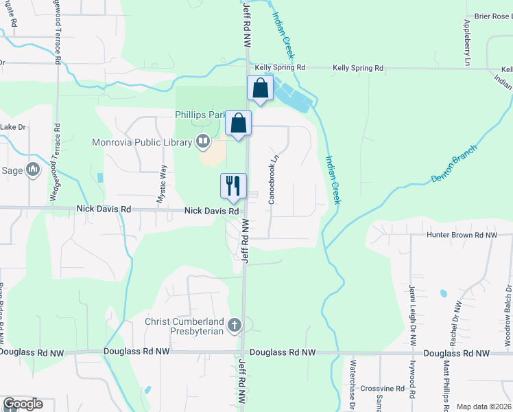 map of restaurants, bars, coffee shops, grocery stores, and more near 1801 Jeff Road Northwest in Huntsville