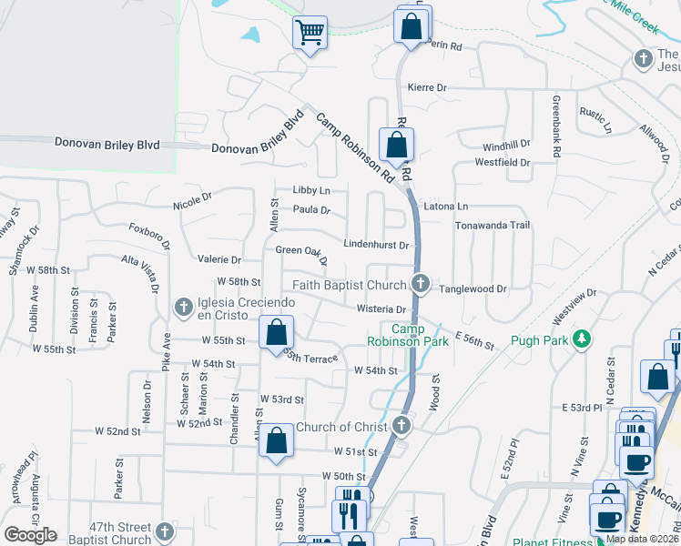 map of restaurants, bars, coffee shops, grocery stores, and more near 5813 Wisteria Court in North Little Rock