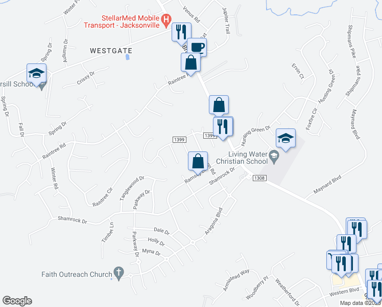 map of restaurants, bars, coffee shops, grocery stores, and more near 509 Redwood Place in Jacksonville