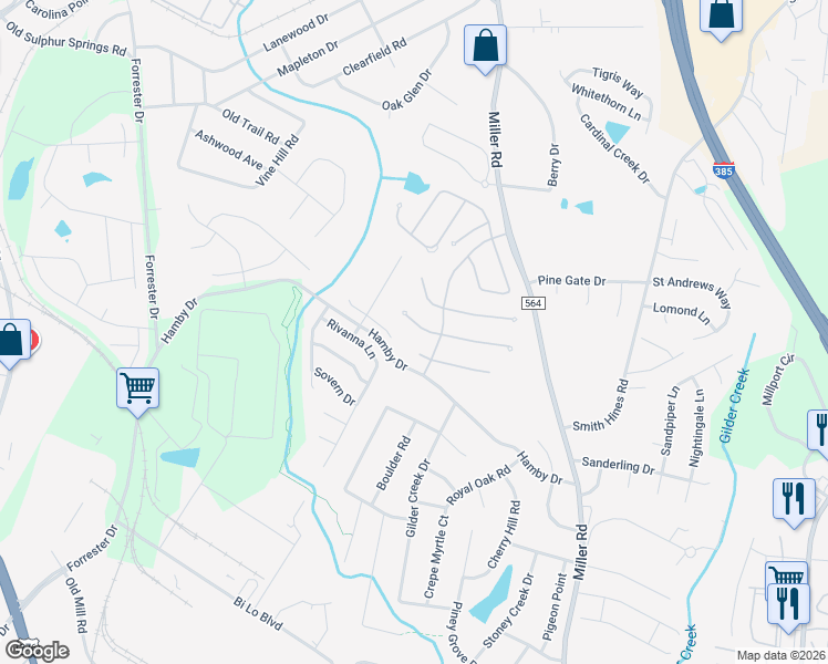 map of restaurants, bars, coffee shops, grocery stores, and more near 8 Weston Brook Way in Greenville