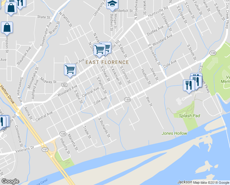 map of restaurants, bars, coffee shops, grocery stores, and more near 398 South Oneal Street in Florence