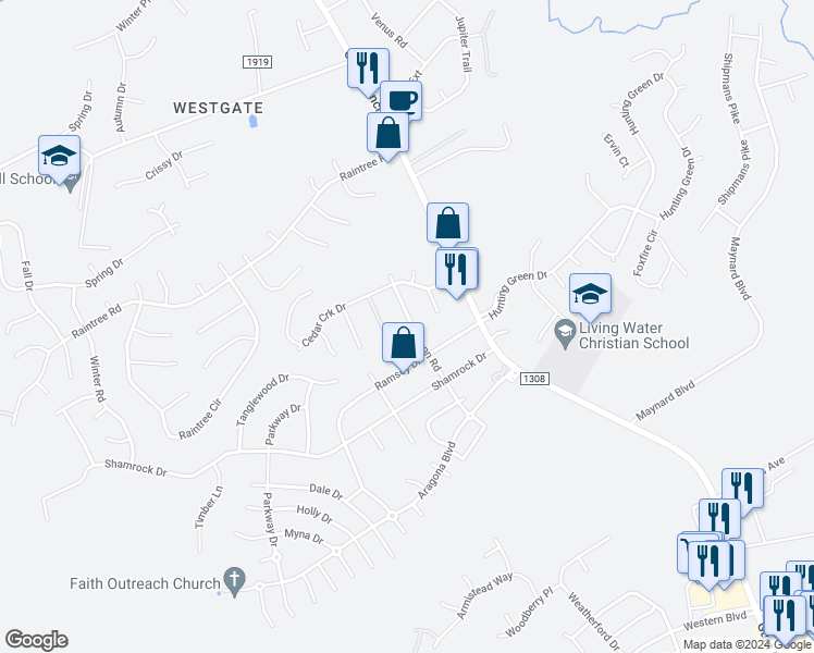 map of restaurants, bars, coffee shops, grocery stores, and more near 307 Luann Road in Jacksonville