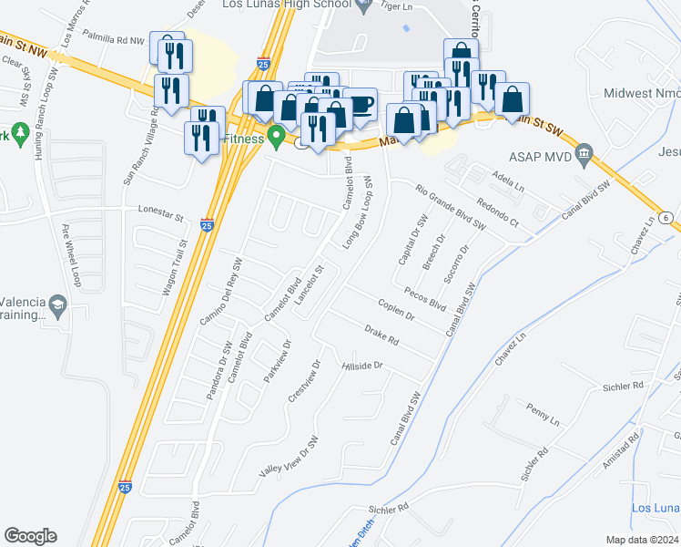 map of restaurants, bars, coffee shops, grocery stores, and more near 800 Gallahad Street Southwest in Los Lunas