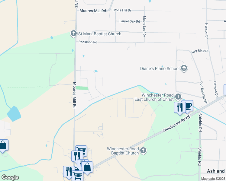 map of restaurants, bars, coffee shops, grocery stores, and more near 244 Robinson Road in Huntsville