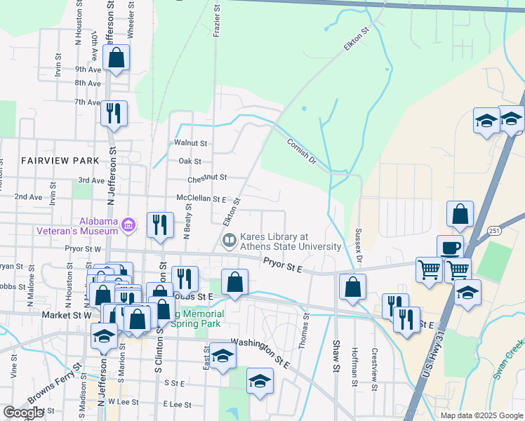 map of restaurants, bars, coffee shops, grocery stores, and more near 600 East McClellan Street in Athens