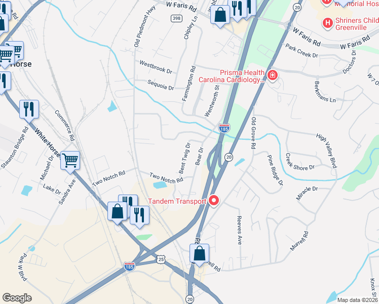map of restaurants, bars, coffee shops, grocery stores, and more near 21 Bent Twig Drive in Greenville