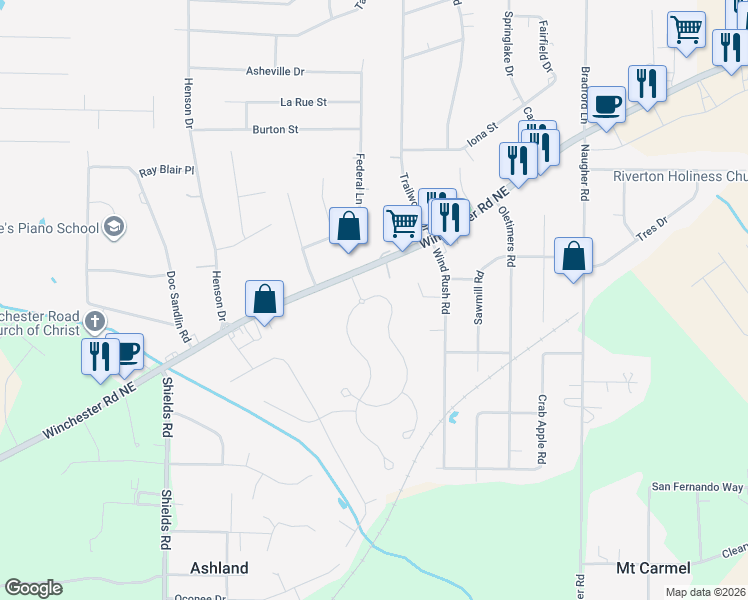 map of restaurants, bars, coffee shops, grocery stores, and more near 1732 Winchester Road Northeast in Huntsville