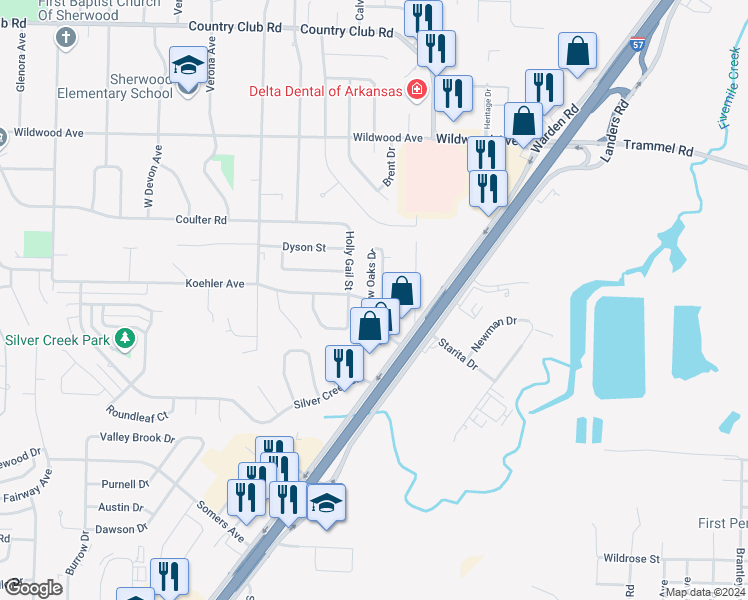 map of restaurants, bars, coffee shops, grocery stores, and more near 203 Shadow Oaks Drive in North Little Rock