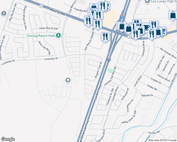 map of restaurants, bars, coffee shops, grocery stores, and more near 2299 Longhorn Street in Los Lunas