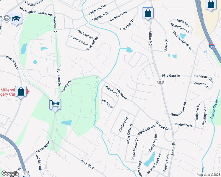 map of restaurants, bars, coffee shops, grocery stores, and more near 19 Rivanna Lane in Greenville