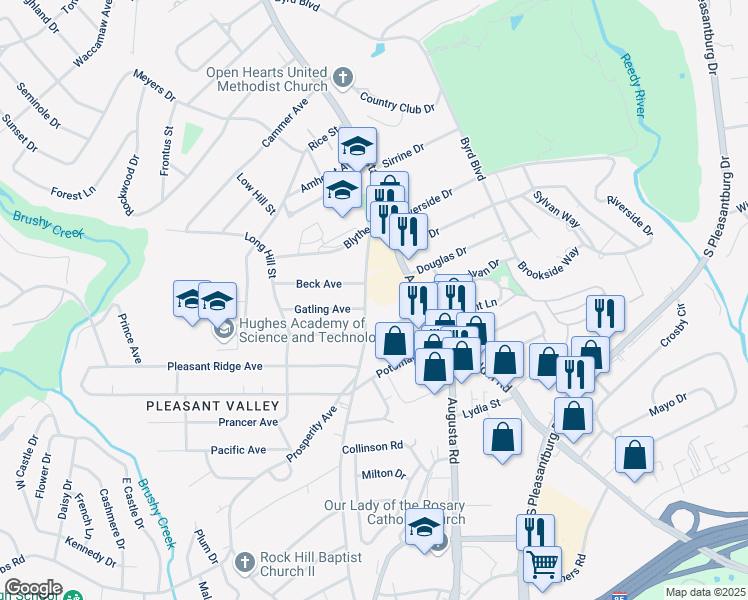 map of restaurants, bars, coffee shops, grocery stores, and more near 109 Old Augusta Road in Greenville