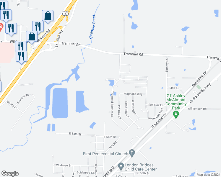 map of restaurants, bars, coffee shops, grocery stores, and more near 6017 Trammel Estates Drive in North Little Rock