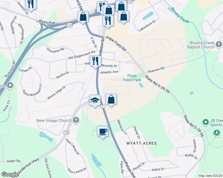 map of restaurants, bars, coffee shops, grocery stores, and more near 219 Pelzer Highway in Easley