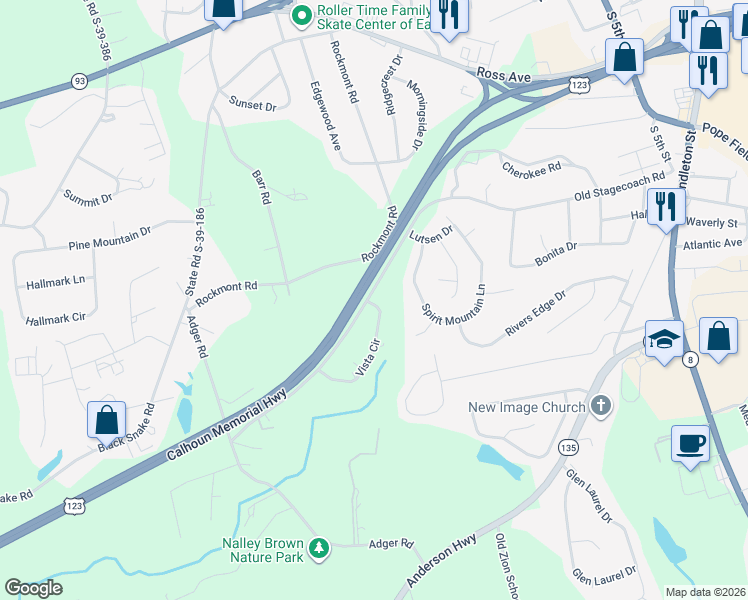 map of restaurants, bars, coffee shops, grocery stores, and more near 103 Vista Circle in Easley