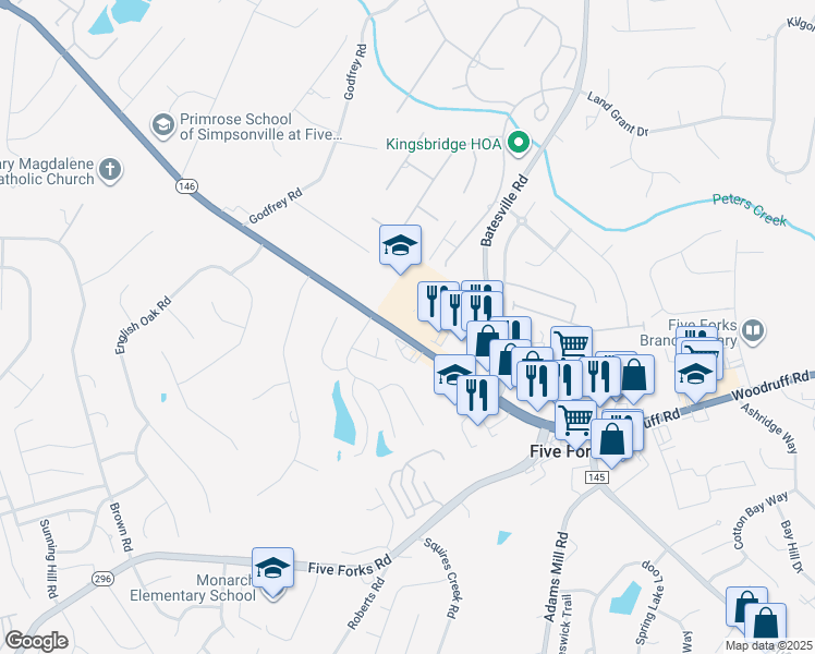 map of restaurants, bars, coffee shops, grocery stores, and more near 100 Woodruff Place Circle in Simpsonville