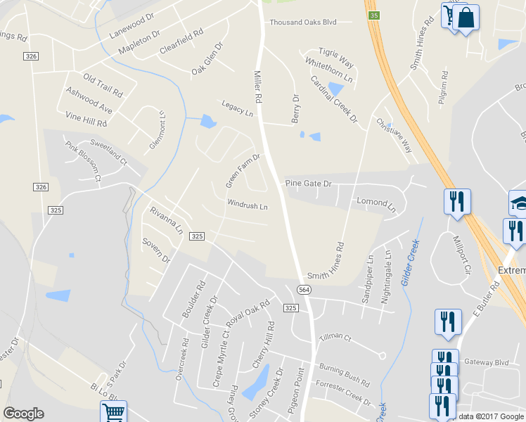 map of restaurants, bars, coffee shops, grocery stores, and more near 26 Windrush Lane in Greenville