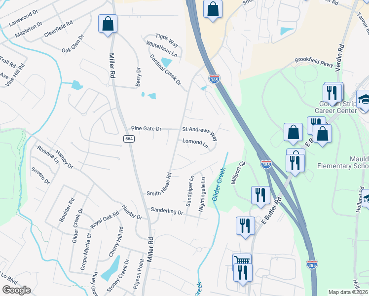 map of restaurants, bars, coffee shops, grocery stores, and more near 102 Glasgow Court in Greenville