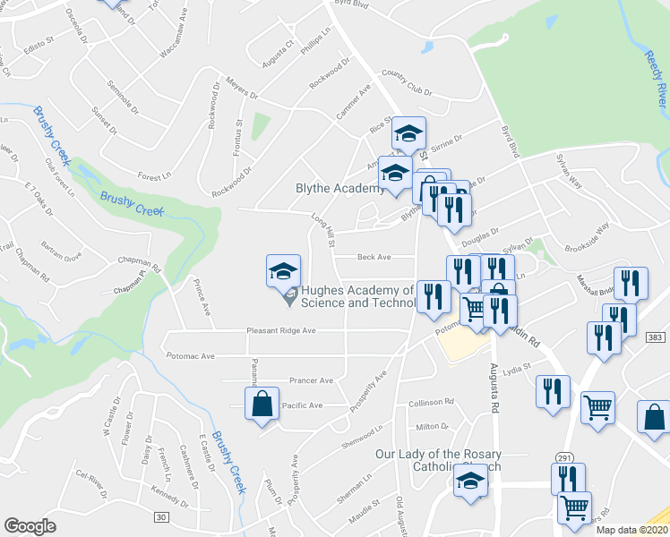 map of restaurants, bars, coffee shops, grocery stores, and more near 401 Long Hill Street in Greenville