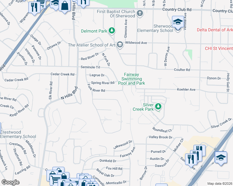 map of restaurants, bars, coffee shops, grocery stores, and more near 406 Fork River Road in Sherwood