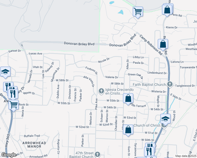 map of restaurants, bars, coffee shops, grocery stores, and more near 5800 Foxboro Drive in North Little Rock