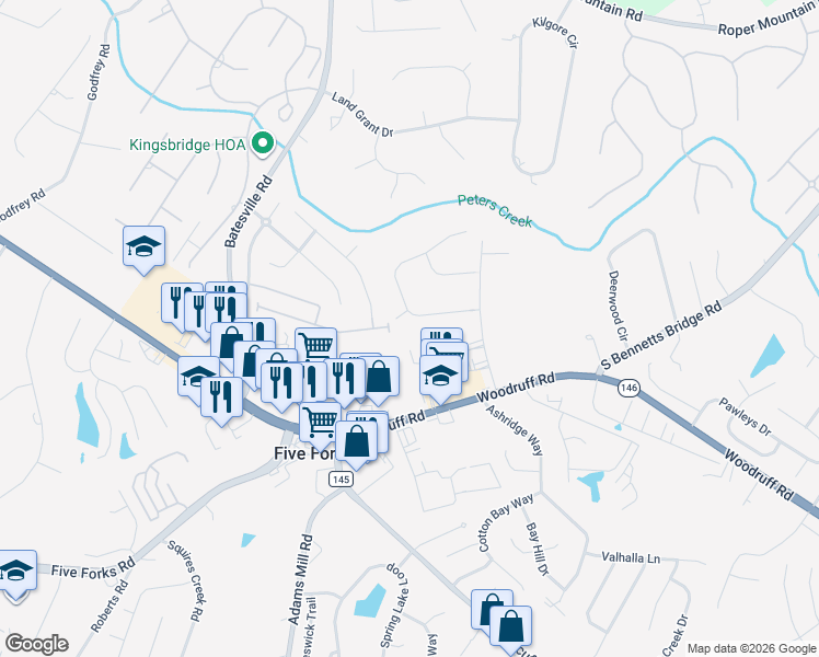 map of restaurants, bars, coffee shops, grocery stores, and more near 27 McRae Place in Simpsonville