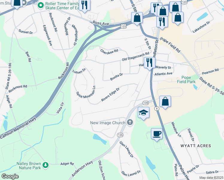 map of restaurants, bars, coffee shops, grocery stores, and more near 236 Rivers Edge Drive in Easley