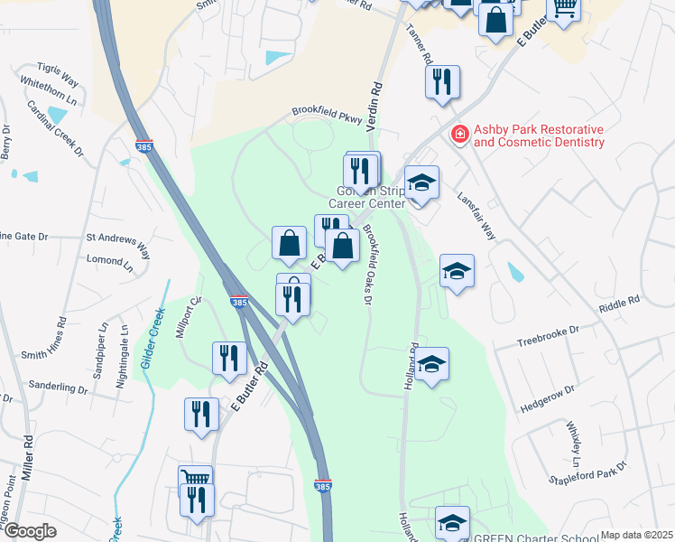 map of restaurants, bars, coffee shops, grocery stores, and more near 701 Regent Park Court in Greenville