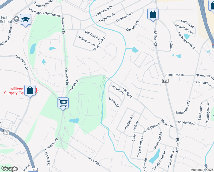 map of restaurants, bars, coffee shops, grocery stores, and more near 104 Roanoke Way in Greenville