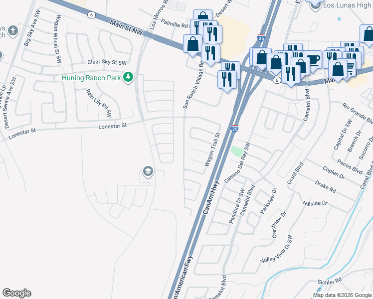 map of restaurants, bars, coffee shops, grocery stores, and more near 2299 Longhorn Street in Los Lunas