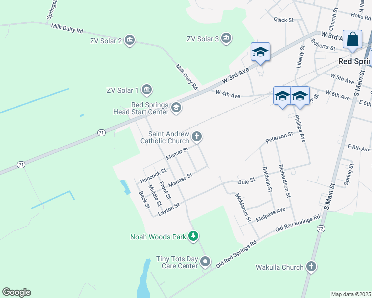 map of restaurants, bars, coffee shops, grocery stores, and more near 201 Mercer Street in Red Springs