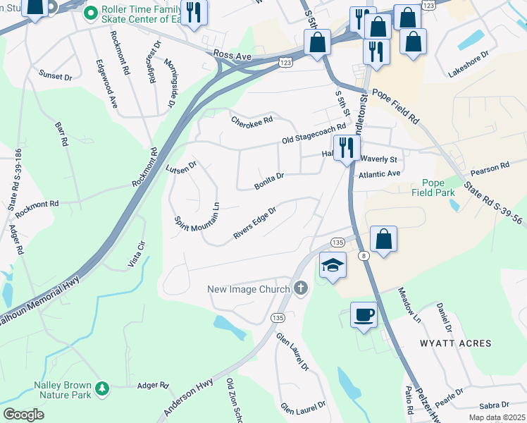 map of restaurants, bars, coffee shops, grocery stores, and more near 236 Rivers Edge Drive in Easley