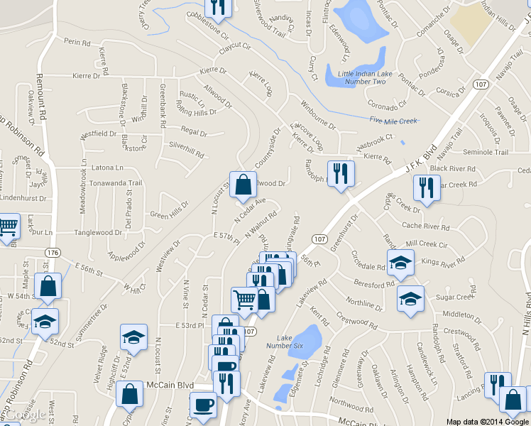 map of restaurants, bars, coffee shops, grocery stores, and more near 5817 North Walnut Road in North Little Rock