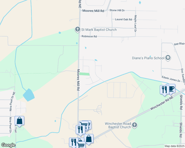 map of restaurants, bars, coffee shops, grocery stores, and more near 6372 Moores Mill Road in Huntsville