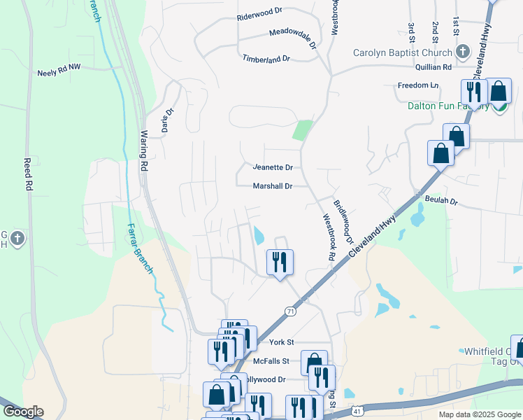 map of restaurants, bars, coffee shops, grocery stores, and more near 1708 Willow Oaks Lane in Dalton