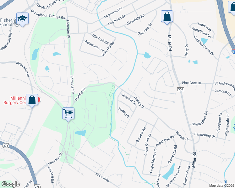 map of restaurants, bars, coffee shops, grocery stores, and more near 104 Roanoke Way in Greenville