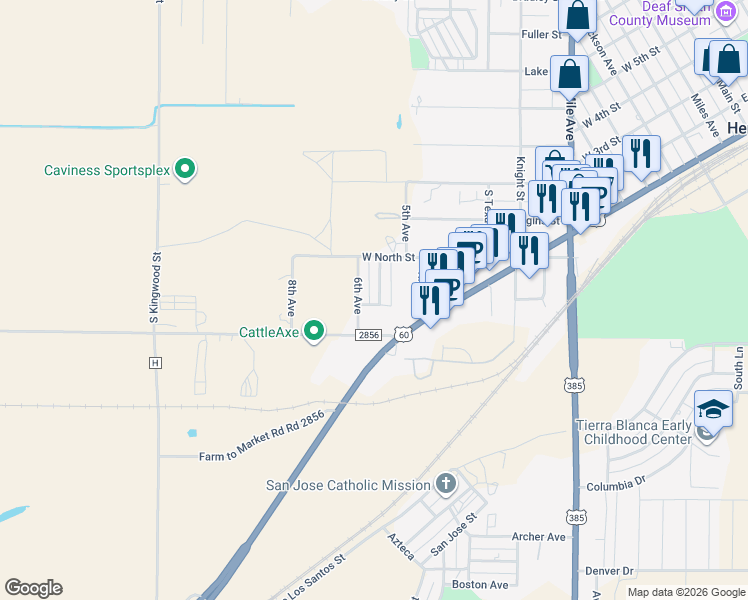 map of restaurants, bars, coffee shops, grocery stores, and more near 201 Harrah Street in Hereford