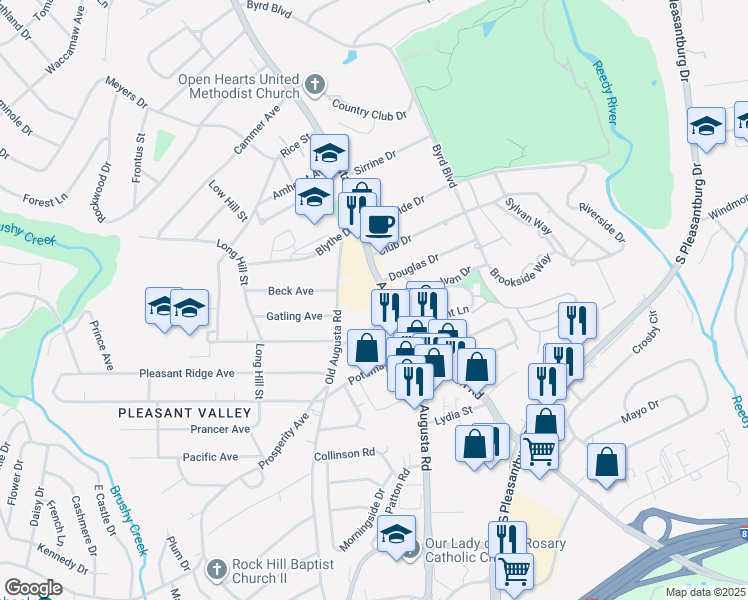 map of restaurants, bars, coffee shops, grocery stores, and more near 3110 Augusta Street in Greenville