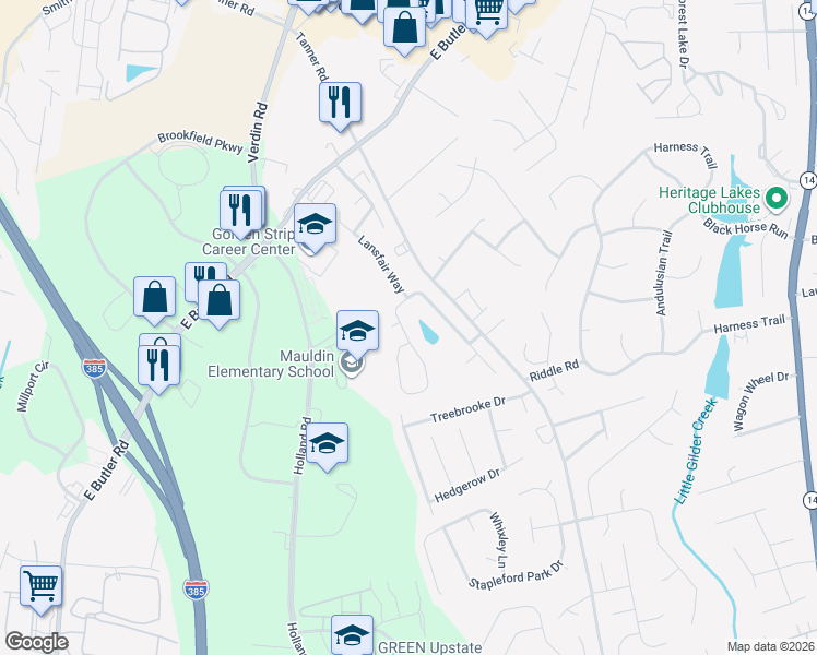 map of restaurants, bars, coffee shops, grocery stores, and more near 201 Surrywood Drive in Greenville