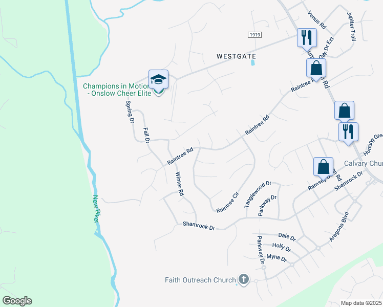 map of restaurants, bars, coffee shops, grocery stores, and more near 503 Raintree Road in Jacksonville