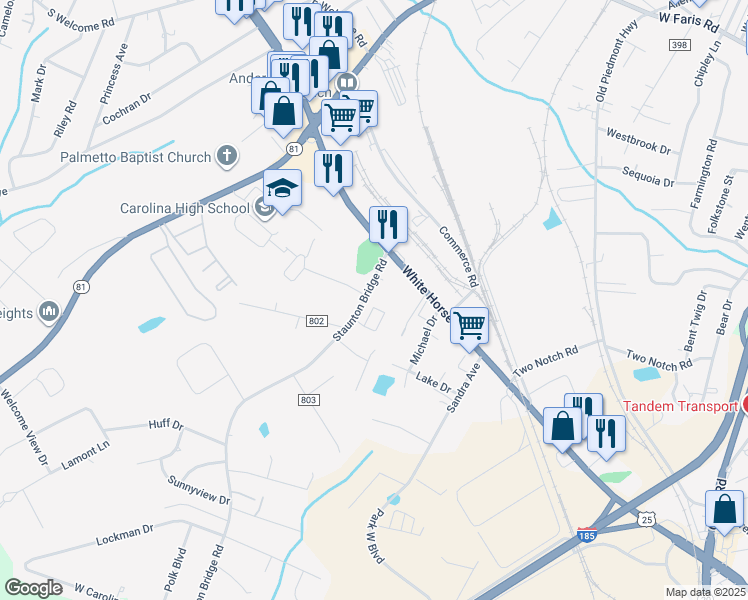 map of restaurants, bars, coffee shops, grocery stores, and more near 11 Staunton Bridge Road in Greenville