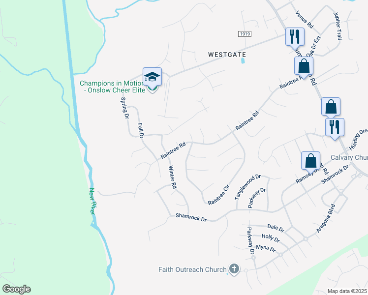 map of restaurants, bars, coffee shops, grocery stores, and more near 503 Raintree Road in Jacksonville